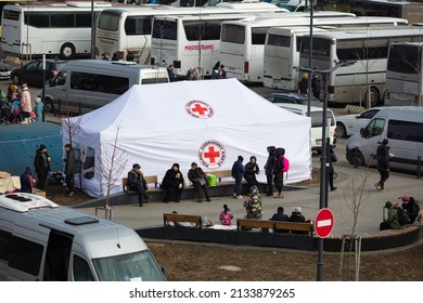 Lviv, Ukraine - March 9, 2022: Red Cross Help For Ukrainian Refugees On Lviv Railway Station During Russian War