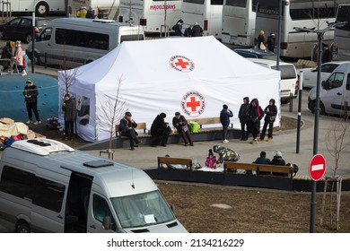 Lviv, Ukraine - March 9, 2022: Red Cross Help For Ukrainian Refugees On Lviv Railway Station During Russian War