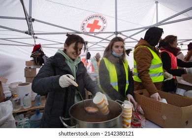 Lviv, Ukraine - March 9, 2022: Red Cross Help For Ukrainian Refugees On Lviv Railway Station During Russian War