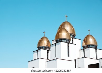 Lviv, Ukraine - May 1, 2022: Nativity Of Holy Virgin Church Against Blue Sky. Space For Text