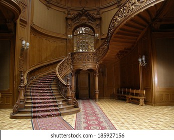 LVIV, UKRAINE - MAY 1: A carved wooden staircase in ancient casino on May 1, 2010 in Lviv, Ukraine