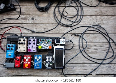 Lviv, Ukraine - May, 2021: Effects Units For Guitar On Concert Stage