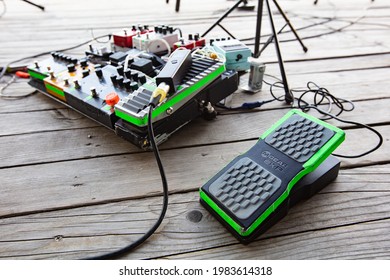 Lviv, Ukraine - May, 2021: Effects Units For Guitar On Concert Stage