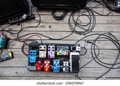 Lviv, Ukraine - May, 2021: Effects Units For Guitar On Concert Stage