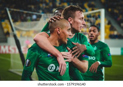 LVIV, UKRAINE - November 07, 2019: Robert Beric  And Wahbi Khazri Celebrate Goal Scored During The UEFA Europa League Match Between Alexandria Vs AS Saint Etienne (France), Ukraine