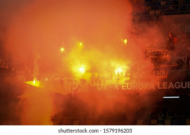 LVIV, UKRAINE - November 07, 2019: Ultras Centetien Fire Fighter Harness And Lights During The UEFA Europa League Match Between Alexandria Vs AS Saint Etienne, Ukraine