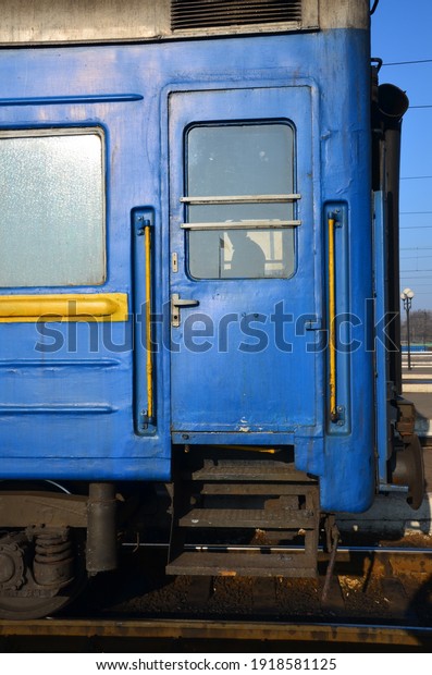 Lviv. Ukraine. November 2020.Passenger train\
car on the landing\
platform.