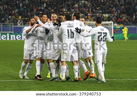 LVIV, UKRAINE - NOVEMBER, 25: FC Real Madrid football players celebrate a goal scored during the UEFA Champions League match between Shakhtar vs Real Madrid on November 25, 2015 in Lviv, Ukraine.