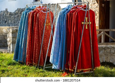 Lviv, Ukraine - November 26, 2020: Liturgical Clothes, Liturgical Vestments, Robes, Hanging On Hangers.