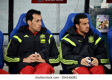 LVIV, UKRAINE - OCT 12: Sergio Busquets (L) And Pedro Rodriguez Before The UEFA EURO 2016 Qualifying Match National Team Of Ukraine Vs Spain, 12 October 2015, Olympic NSC, Kiev, Ukraine