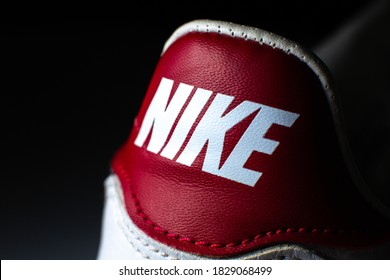 LVIV, UKRAINE - October 03, 2020 : Nike Label Photo. Trainers Close Up.