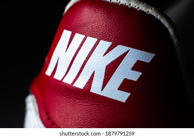 LVIV, UKRAINE - October 03, 2020 : Nike Label Editorial Photo. Trainers Closeup.