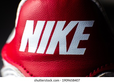 LVIV, UKRAINE - October 03, 2020 : Nike Label Editorial Photo. Trainers Closeup.