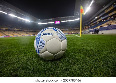 Lviv, Ukraine - October 12, 2021: Ukrainian Association of Football ball. The World Cup Qualification UEFA, Football match between Ukraine and Bosnia and Herzegovina