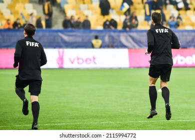 LVIV, UKRAINE - October 12, 2021: Uefa Referees Warm Up  During 2022 FIFA World Cup Qualification Match Between National Team Of Ukraine And Bosnia And Herzegovina, Ukraine