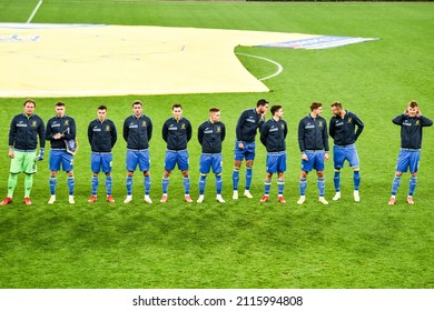 LVIV, UKRAINE - October 12, 2021: Line Up National Team Of Ukraine During 2022 FIFA World Cup Qualification Match, Ukraine