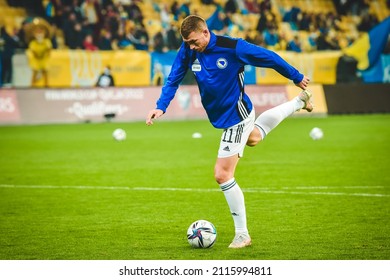 LVIV, UKRAINE - October 12, 2021: Edin Dzeko Player During 2022 FIFA World Cup Qualification Match Between National Team Of Ukraine And Bosnia And Herzegovina, Ukraine