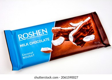 LVIV, UKRAINE - October 2021.: Roshen Milk Chocolate