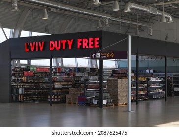 Lviv, Ukraine - October 22, 2021: Duty Free Shop in Lvov International airport. Duty-free shops are retail outlets that are exempt from the payment of certain local or national taxes and duties.
