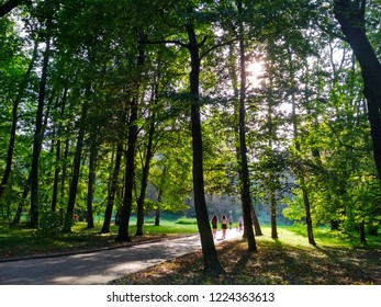 Lviv, Ukraine, Pepole Walking In Park During Daytime In The Sunlight Among The Trees In Summer