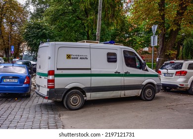 Lviv.Ukraine. August 2022.Armored Encashment Truck Ford Transit. Armored Car Of The Aval Commercial Bank For Transporting Money.