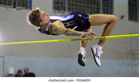 LVIV,UKRAINE-JAN.20: Krymarenko Yuriy The World Champion In Helsinki 2005, Compete In High Jump With Result 2.24 On The Memorial Demyanyuk Track And Field Meeting, On January 20, 2012 In Lviv, Ukraine