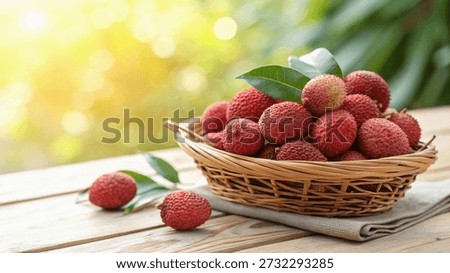Lychee in basket on tiled surface in natural warm sunlight background