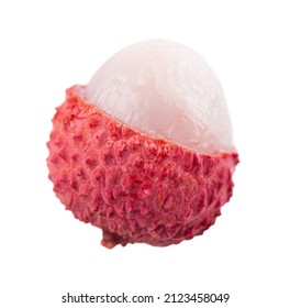 Lychee fruit isolated on white background. Tropical exotic fresh ripe fruit. Litchi chinensis. Clipping path. Top view.