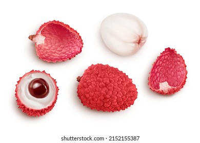 lychee fruit isolated on white background with clipping path and full depth of field. Top view. Flat lay