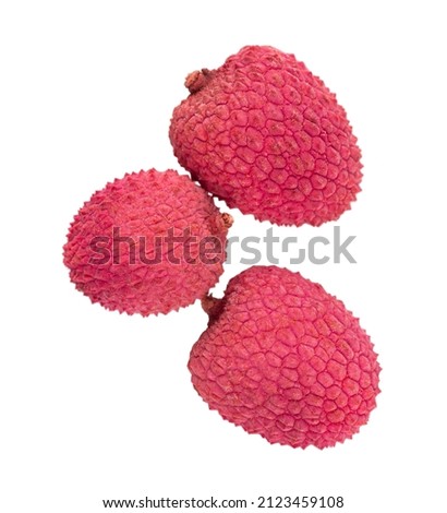 Lychee fruit isolated on white background. Tropical exotic fresh ripe fruit. Litchi chinensis. Clipping path. Top view