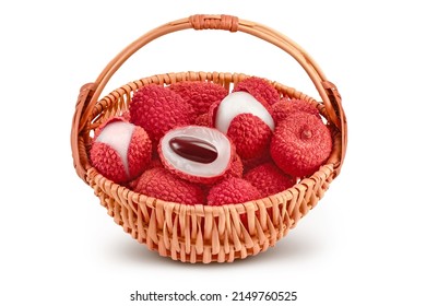 lychee fruit in wicker basket isolated on white background with clipping path and full depth of field