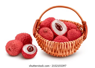 lychee fruit in wicker basket isolated on white background with clipping path and full depth of field