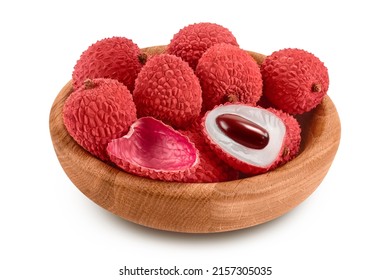lychee fruit in wooden bowl isolated on white background with clipping path and full depth of field