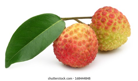 Lychee With Green Leaf Over White Background