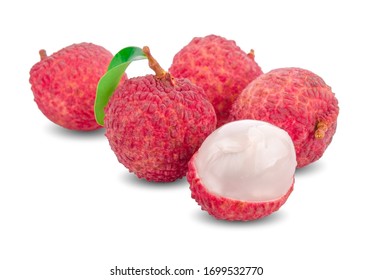 Lychee with leaves tropical fruit isolated on white background.
