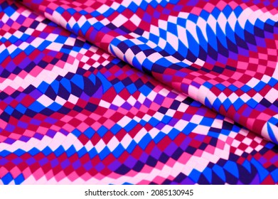 Lycra swimwear fabric. Beautiful lycra design. the colors are amazing! ... rhombs, squares in abstract order, red-yellow and azure blue