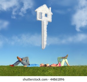 Lying Couple On Grass And Dream House Key Collage