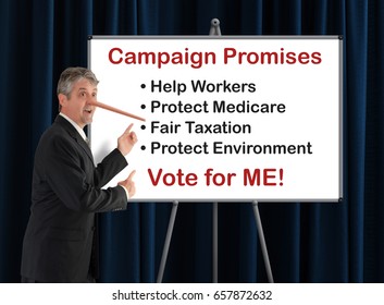 Lying Dishonest Politician With Big Growing Pinocchio Nose Which Shows He Is A Liar By Making Campaign Promises That He Will Not Keep.