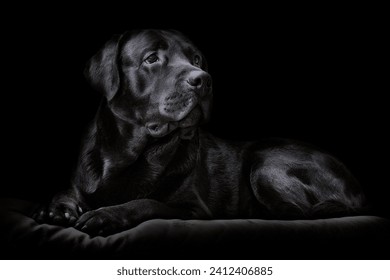 Lying dog of the black labrador breed on a dark background