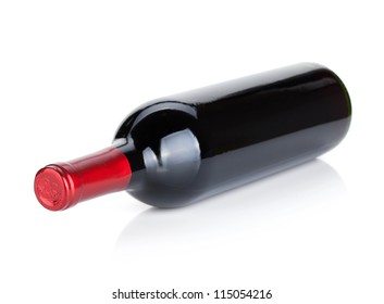 Lying Red Wine Bottle. Isolated On White Background