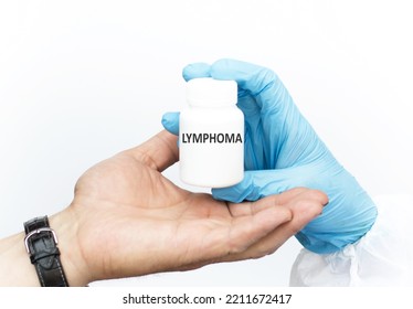 Lymphoma Text On The Label Of The Jar That The Doctor Passes To His Client