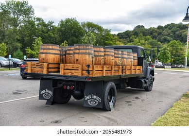 Lynchburg, TN, USA - September 23, 2019:  Jack Daniels truck with many barrels on display in front of the Jack Daniels distillery visitor center.