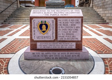 Lynchburg, VA - April 21, 2022: Memorial to "Purple Heart" recipients, or combat wounded veterans, at Monument Terrace.