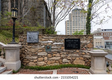 Lynchburg, Virginia - April 21, 2022: Korean War Memorial at Monument Terrace includes a quote from Henry Ford