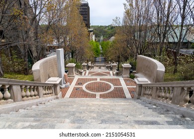 Lynchburg, Virginia - April 21, 2022: Looking down the stairs of Monument Terrace toward the James River