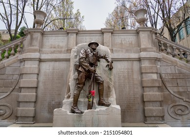 Lynchburg, Virginia - April 21, 2022: "The Listening Post" (or "The Doughboy") statue by sculptor Charles Keck is part of the World War I memorial and is at the base of Monument Terrace.