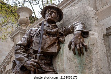 Lynchburg, Virginia - April 21, 2022: Detail of "The Listening Post" (or "The Doughboy") statue by sculptor Charles Keck that is part of the World War I memorial at the base of Monument Terrace.