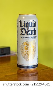 Lynchburg, Virginia - April 21, 2022: Liquid Death Mountain Water is canned water from the Alps in Austria