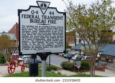 Lynchburg, Virginia - April 21, 2022: This sign tells of the fire at the Federal Transient Bureau, which was a homeless shelter here during the Great Depression