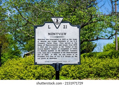 Lynchburg, Virginia - April 22, 2022: Virginia Department of Conservation sign tells the history of Montview and Senator and former Secretary of the US Treasury, Carter Glass.